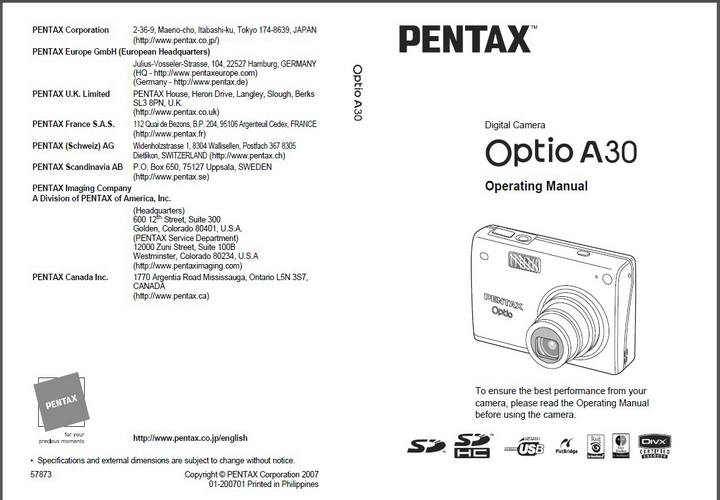 宾得Optio A30 Manual相机英文说明书