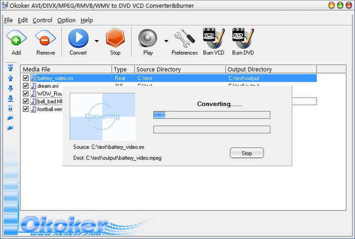 Okoker AVI/DIVX/MPEG/RMVB/WMV to DVD VCD Converter&Burner