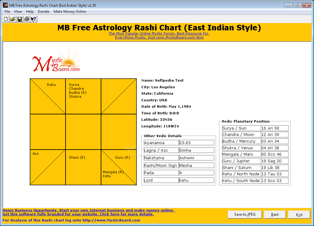 MB Free Astrology Rashi Chart (East Indian Style)